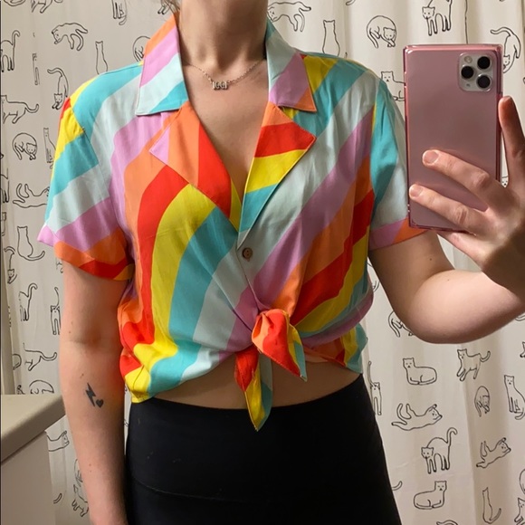 Forever 21 Tops - Forever 21 • Rainbow Candy Striped Cropped Button Up